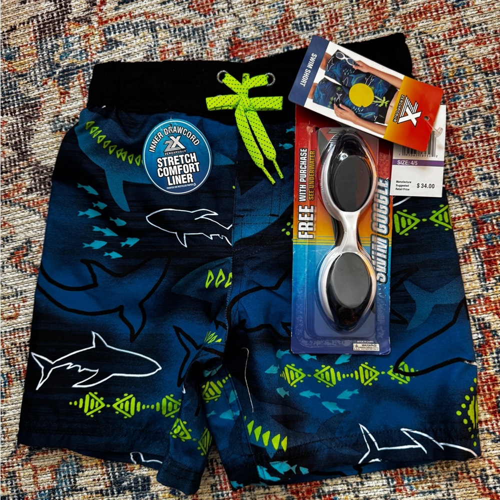 NWT Shark Print Swim Shorts & Googles UV Prot Boys Sz 4 - 5 Zeroposure Quick Dry - Picture 5 of 12